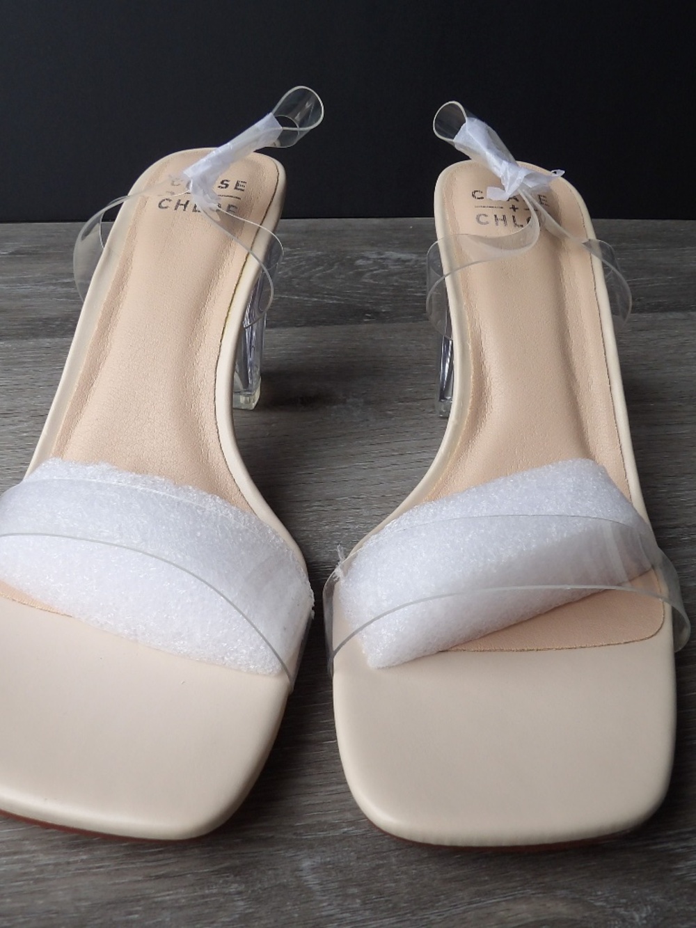stylish clear strap slip on heels